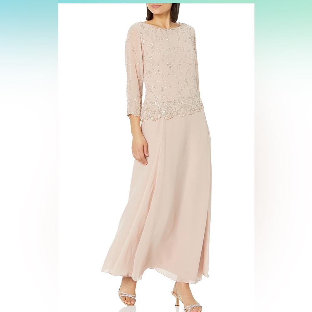 NWT J Kara Women's Petite Beaded Scallop Bodice Asymmetrical Gown